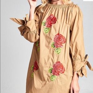 Rose Embroidered Bishop Sleeve Off-Shoulder Tunic